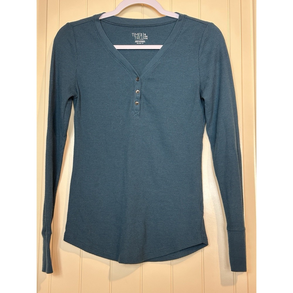 Time and Tru Waffle Knit v-neck long sleeve Henley women's Sz S 90's Y2K grunge